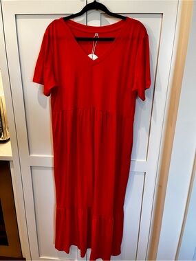 Orange V-Neck Short Sleeve Midi Dress - Women